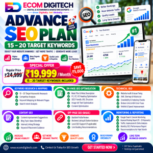Advanced SEO Plan by ECOM DIGITECH at ₹19,999 per month with 15–20 target keywords, keyword research, on-page SEO, technical SEO, content optimisation and monthly reporting.