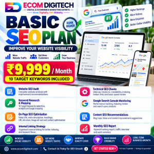 Basic SEO Plan by ECOM DIGITECH at ₹9,999 per month with 10 target keywords, website SEO audit, on-page optimisation, technical SEO checks and monthly reporting.