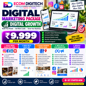 Digital Marketing Package Digital Growth by ECOM DIGITECH featuring social media marketing, SEO, Google Business Profile management, Meta Ads, lead generation and monthly reporting.