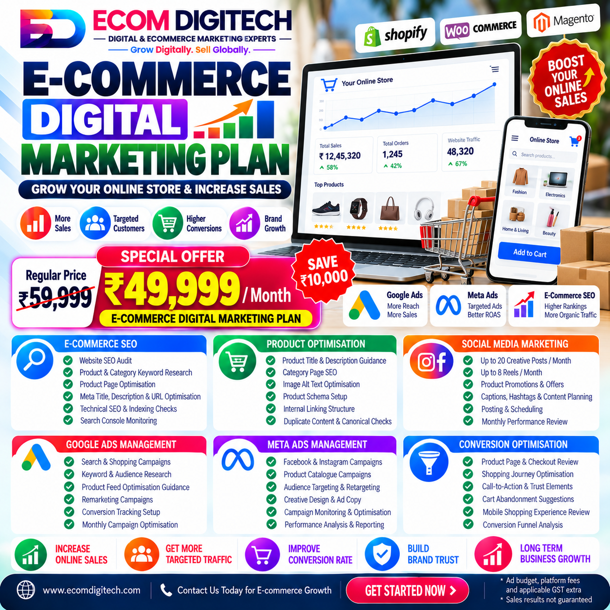 E-commerce Digital Marketing Plan by ECOM DIGITECH at ₹49,999 per month, including e-commerce SEO, product optimisation, social media marketing, Google Ads, Meta Ads and conversion optimisation.