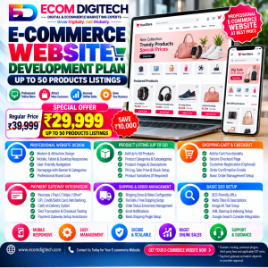 E-commerce Website Development Plan by ECOM DIGITECH at ₹29,999 with up to 50 product listings, responsive website design, shopping cart, checkout, payment gateway integration and basic SEO.