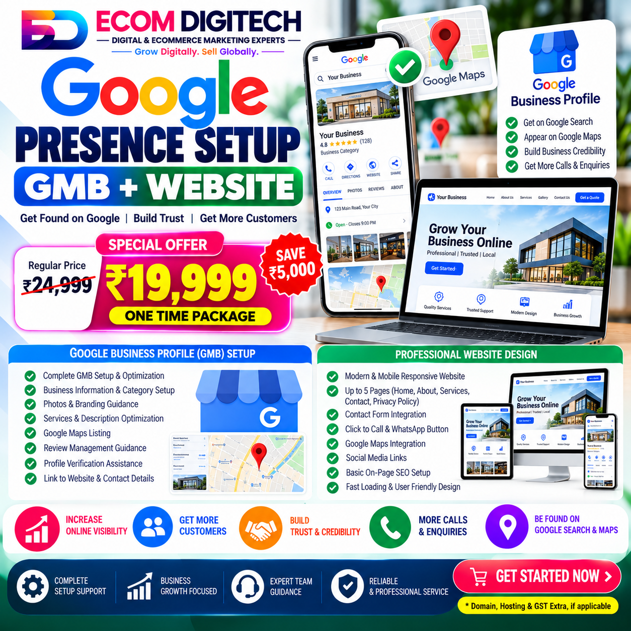Google Presence Setup with Google Business Profile and professional website by ECOM DIGITECH.