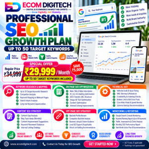 Professional SEO Growth Plan by ECOM DIGITECH at ₹29,999 per month, including up to 50 target keywords, keyword research, technical SEO, on-page optimisation, content SEO and monthly reporting.