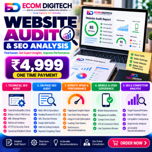 Website Audit Service by ECOM DIGITECH featuring technical SEO audit, on-page SEO analysis, website speed and performance checks, mobile usability and competitor analysis.