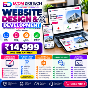 Website Design and Development Services by ECOM DIGITECH featuring responsive business website design, WordPress development, mobile-friendly layouts and basic SEO setup.